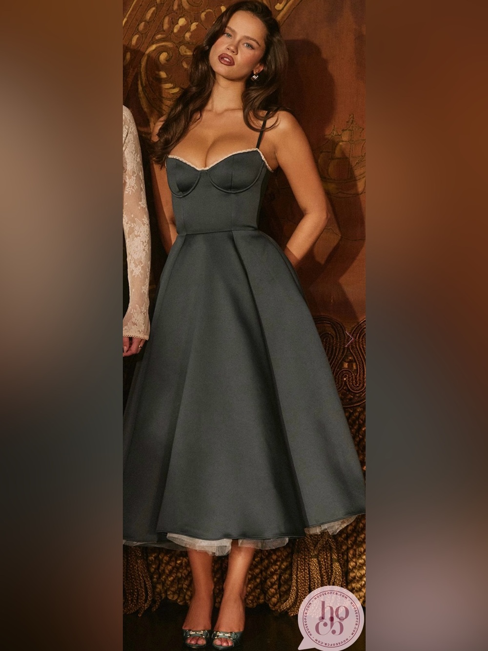 House of CB Dark Green Satin Strapless Bustier Dress with Ivory Tulle